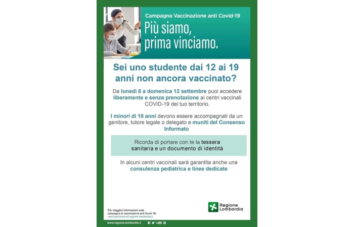 Immagine Vaccino Covid senza prenotazione per i ragazzi dai 12 ai 19 anni
